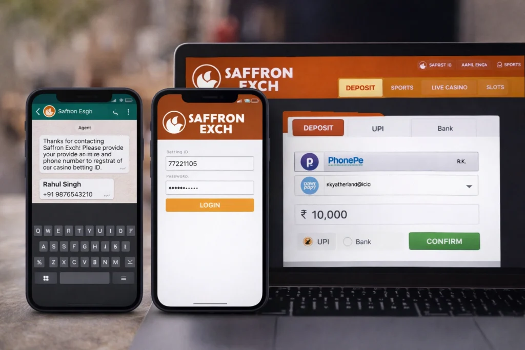 Saffron Exch casino betting ID creation showing agent registration, login process, and UPI deposit for Indian players