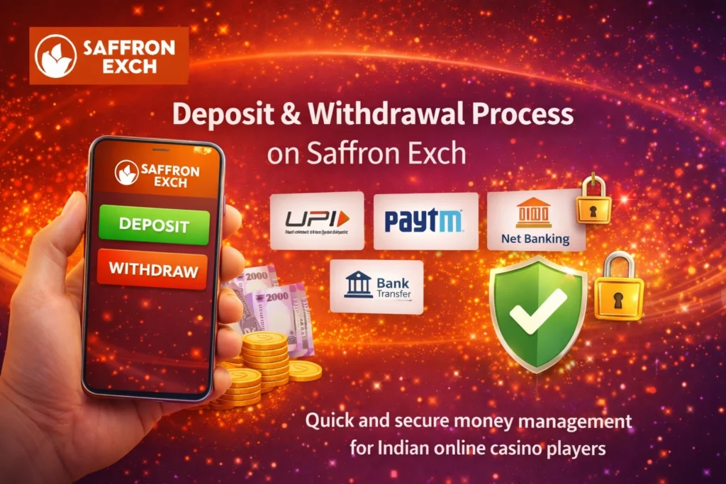 Saffron Exch deposit and withdrawal process showing secure UPI, bank transfer and fast payments for Indian players
