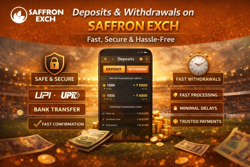 Deposits and withdrawals on Saffron Exch showing UPI and bank transfer options with fast, secure payouts for Indian users