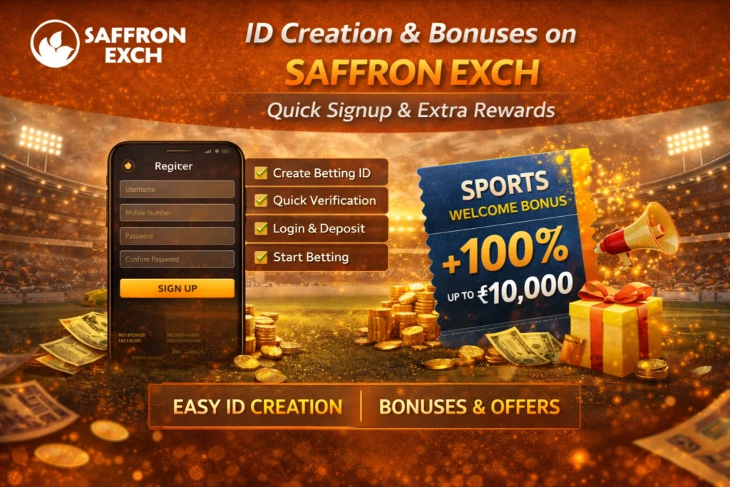 Saffron Exch ID creation and bonuses showing quick signup process with welcome bonus offers for Indian sports betting users