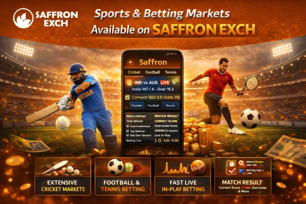 Sports and betting markets on Saffron Exch showing live cricket betting, football and tennis markets with fast in-play odds for Indian users