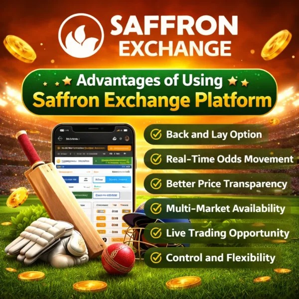 Saffron Exchange advantages image showing cricket exchange dashboard with back and lay options and stadium background