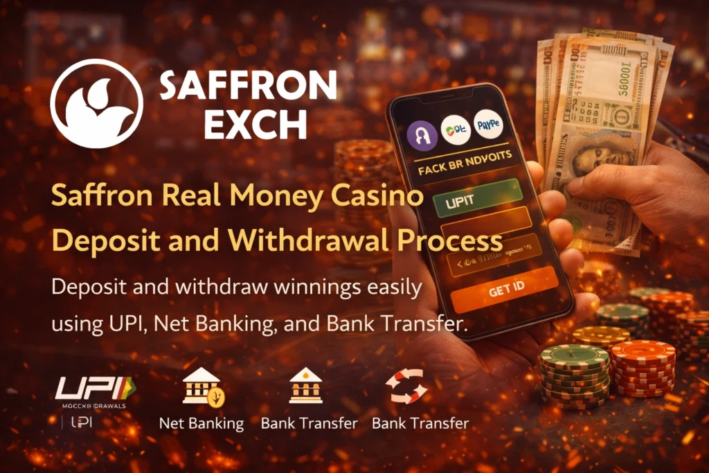 Saffron Real Money Casino deposit and withdrawal process using UPI and bank transfer in India