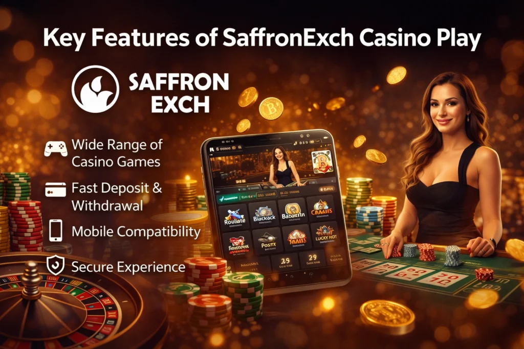 Key features of SaffronExch casino play showing live casino games, mobile compatibility, secure payments and online gaming platform
