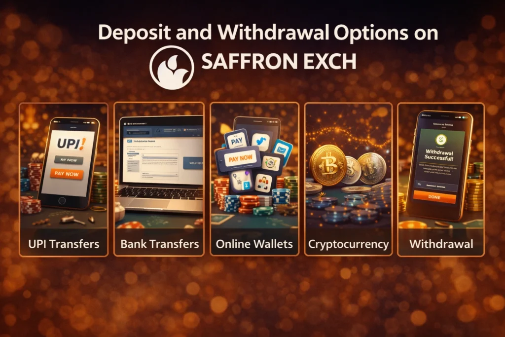 Deposit and withdrawal options on SaffronExch including UPI transfers, bank transfers, online wallets, cryptocurrency and casino payments
