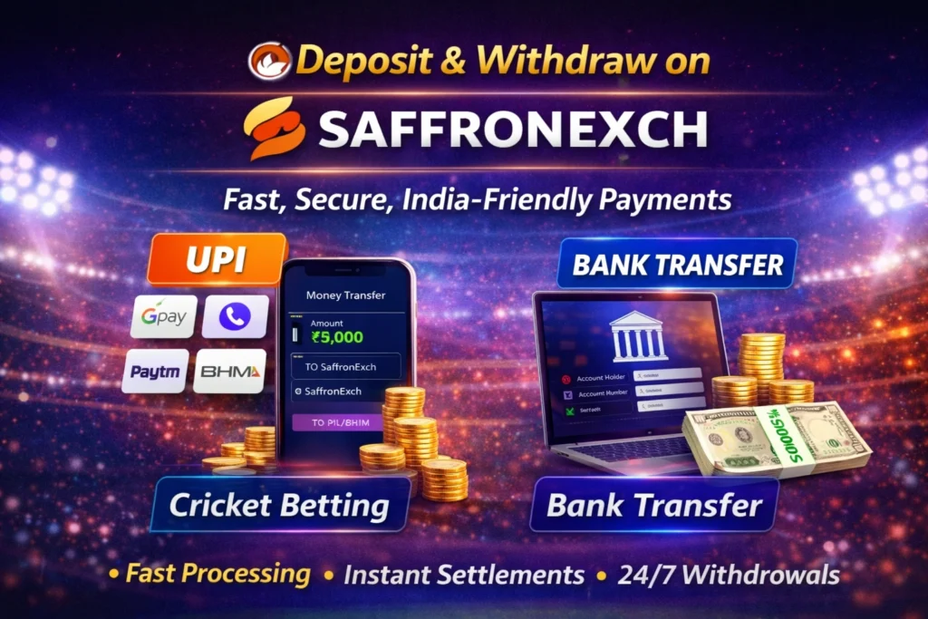 SaffronExch deposit and withdrawal options showing UPI and bank transfer with fast processing and secure payments
