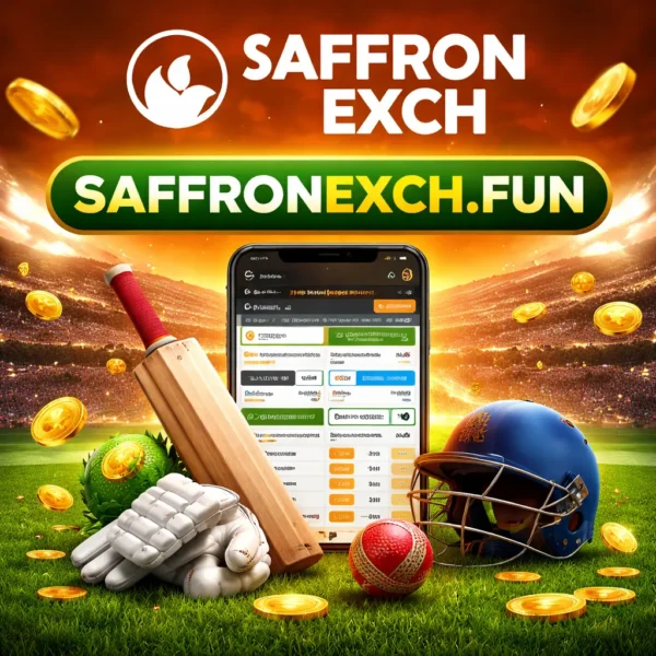 SaffronExch.fun cricket theme promotional image showing exchange dashboard with bat, ball and stadium background