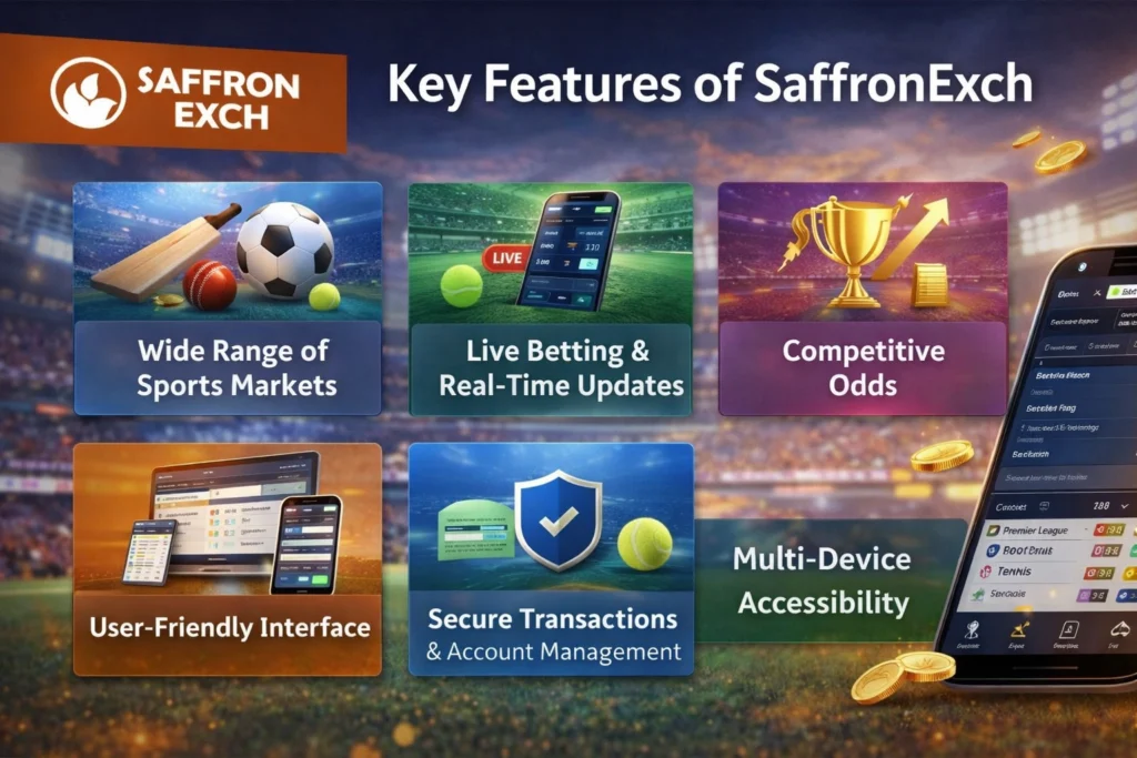 Key features of SaffronExch online match betting platform showing sports markets, live betting, secure transactions, and user interface