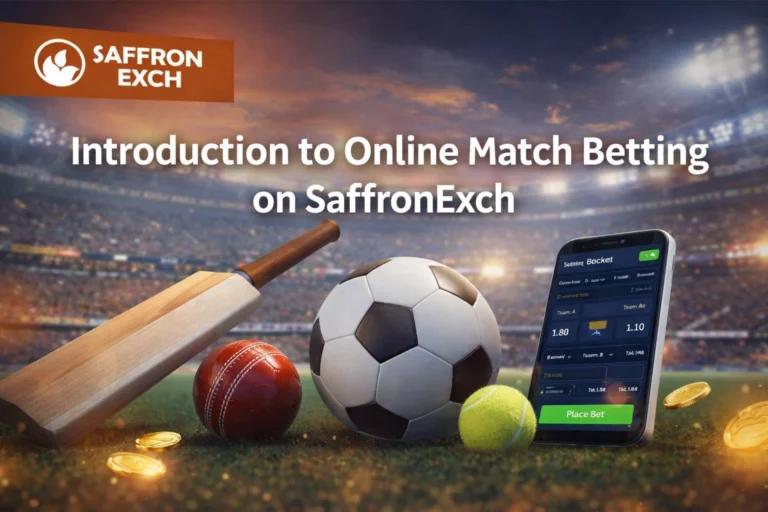 Online match betting on SaffronExch platform showing sports betting markets, live odds, and sports equipment in stadium background
