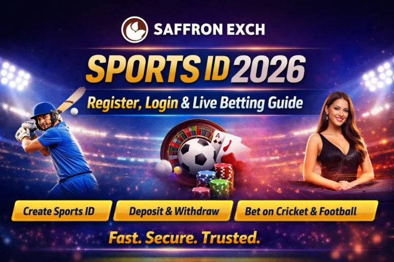 SaffronExch Sports ID 2026 banner showing cricket betting, live casino games, fast deposits, withdrawals and online sports betting