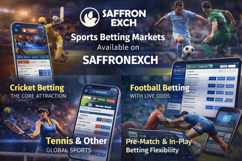 Sports betting markets on SaffronExch featuring cricket, football, tennis, and live in-play betting with real money