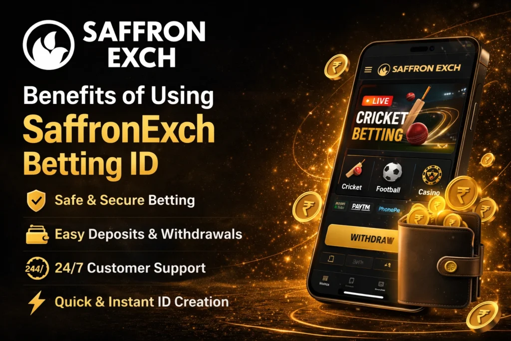 Benefits of using SaffronExch betting ID showing safe betting, fast deposits and withdrawals, 24/7 support and instant ID creation