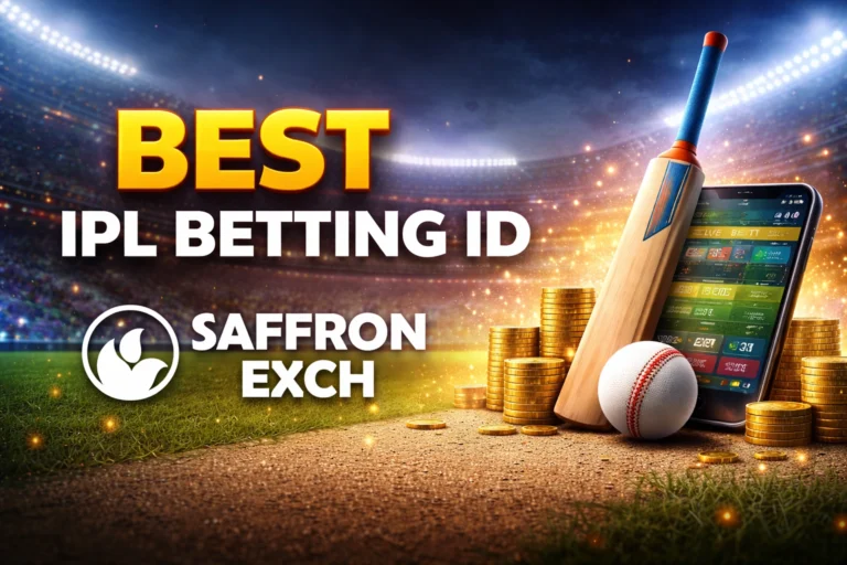 Best IPL Betting ID on SaffronExch with cricket bat, ball, coins and live betting app interface