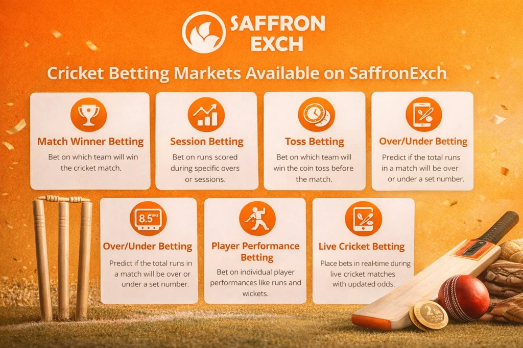 Cricket betting markets available on SaffronExch including match winner session betting toss betting and live cricket betting