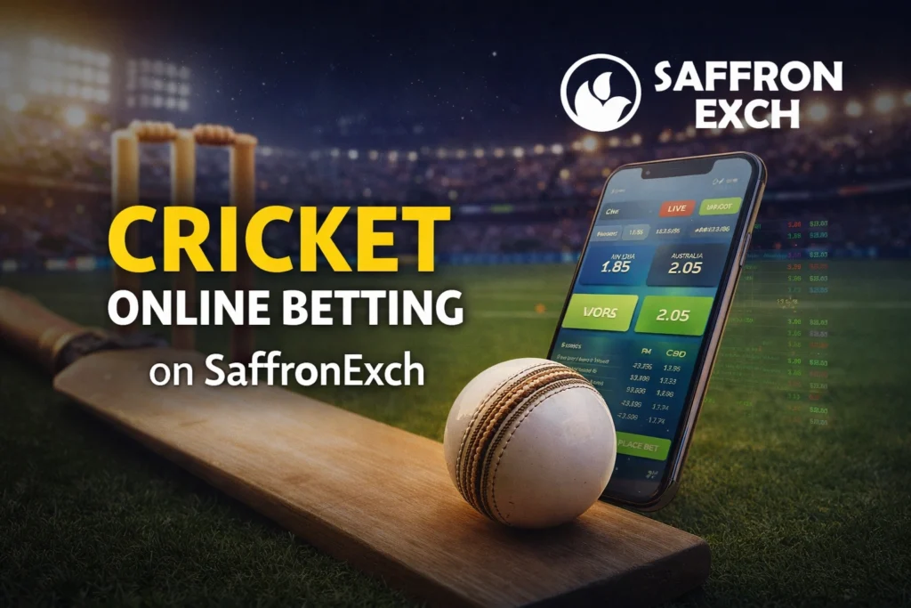 Cricket online betting on SaffronExch platform with cricket bat ball and mobile betting interface