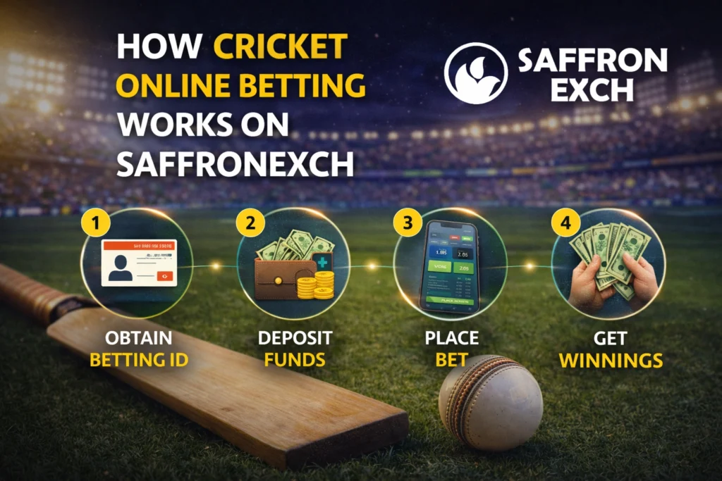 How cricket online betting works on SaffronExch with steps obtain betting ID deposit funds place bet and get winnings