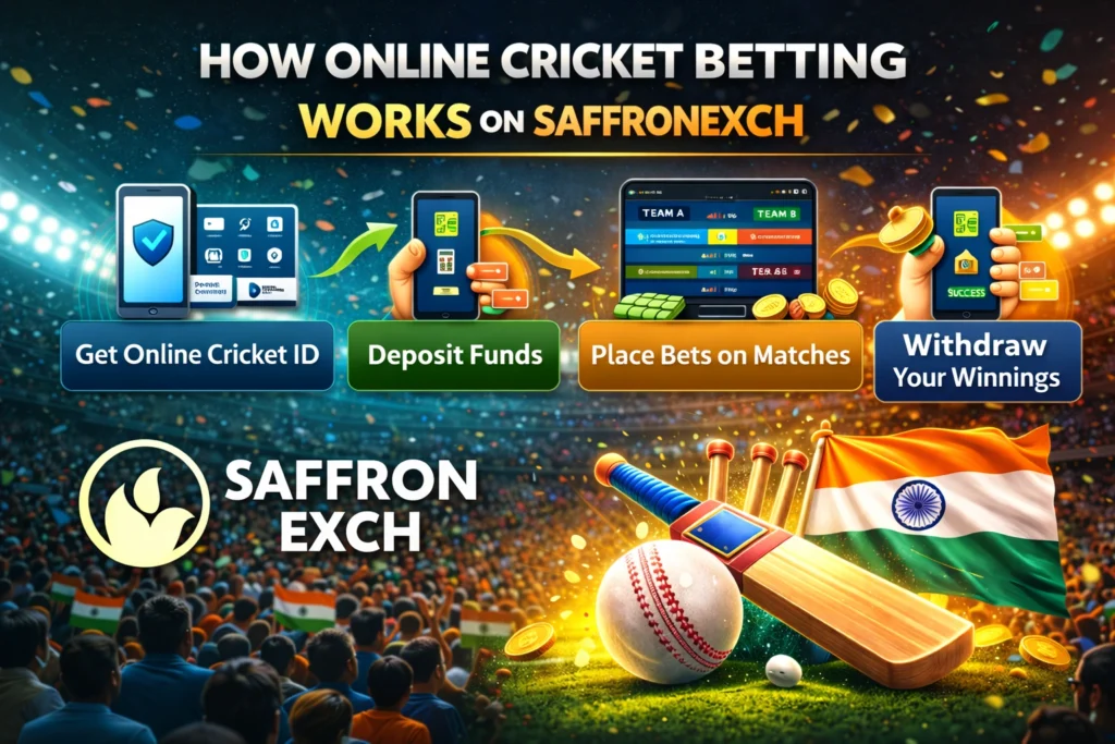 How Online Cricket Betting Works on SaffronExch step by step guide with cricket bat ball and SaffronExch logo
