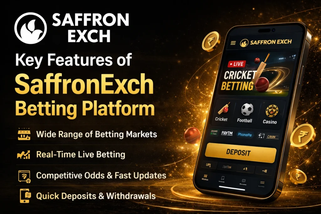 Key features of SaffronExch betting platform showing live cricket betting, multiple betting markets, competitive odds and fast deposits