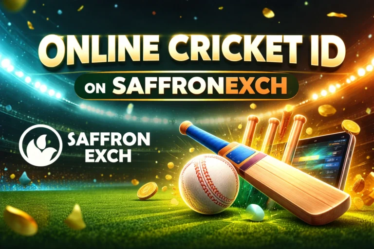 Online Cricket ID on SaffronExch cricket betting platform with bat ball and SaffronExch logo