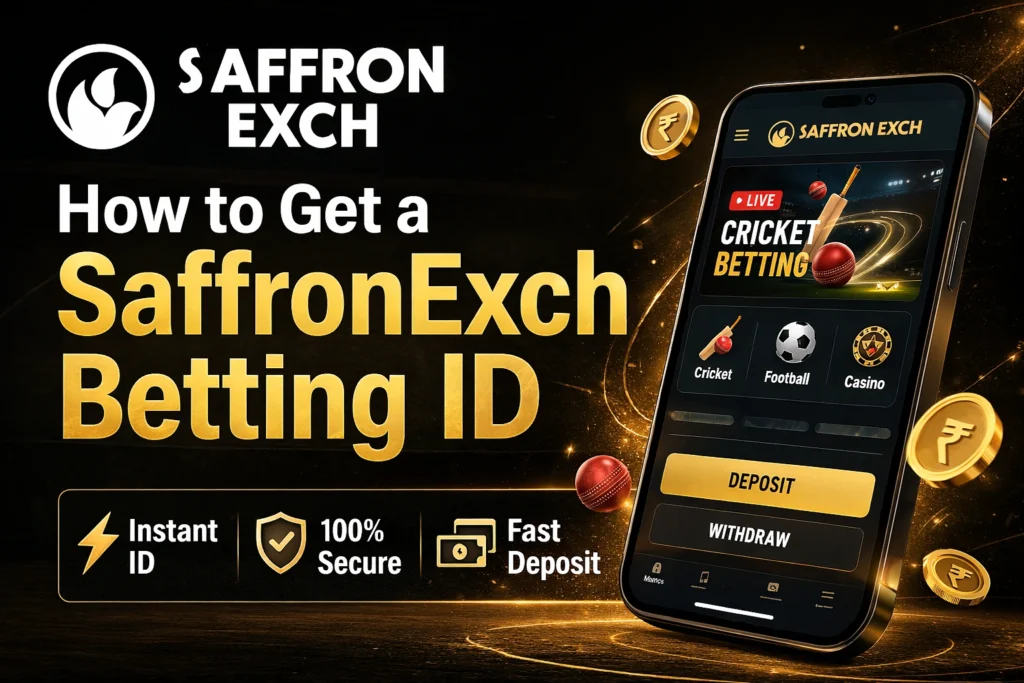 SaffronExch Betting ID platform showing online cricket betting interface with logo and sports betting features