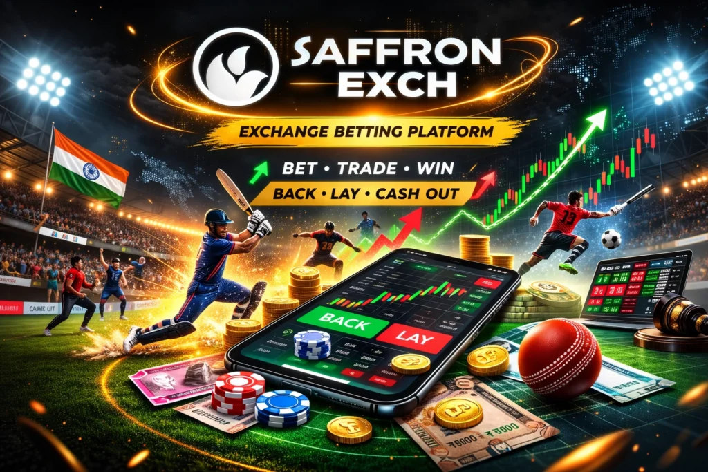 SaffronExch exchange betting platform hero banner with cricket, live odds, and betting interface