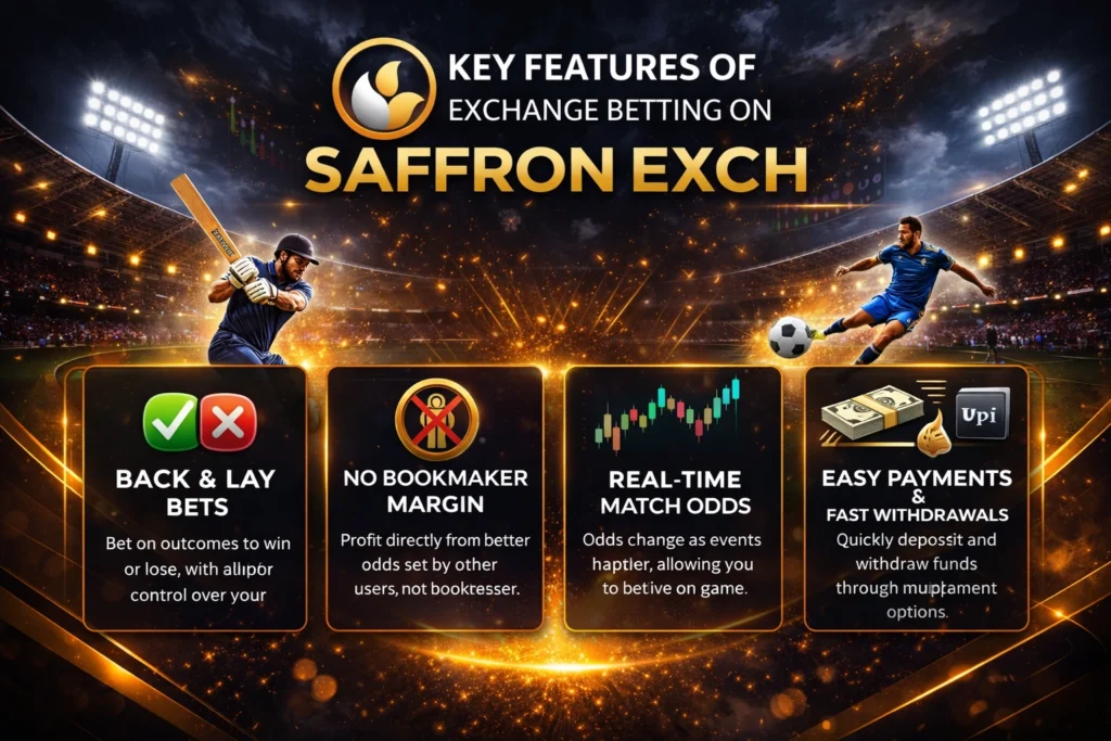 Key features of SaffronExch exchange betting including back and lay bets real time odds and fast payments