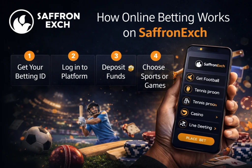 How Online Betting Works on SaffronExch step by step guide showing betting ID, login, deposit funds and place bet process