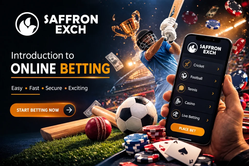 Online Betting with SaffronExch platform showing cricket betting, casino games and mobile betting interface