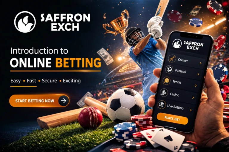 Online Betting with SaffronExch platform showing cricket betting, casino games and mobile betting interface