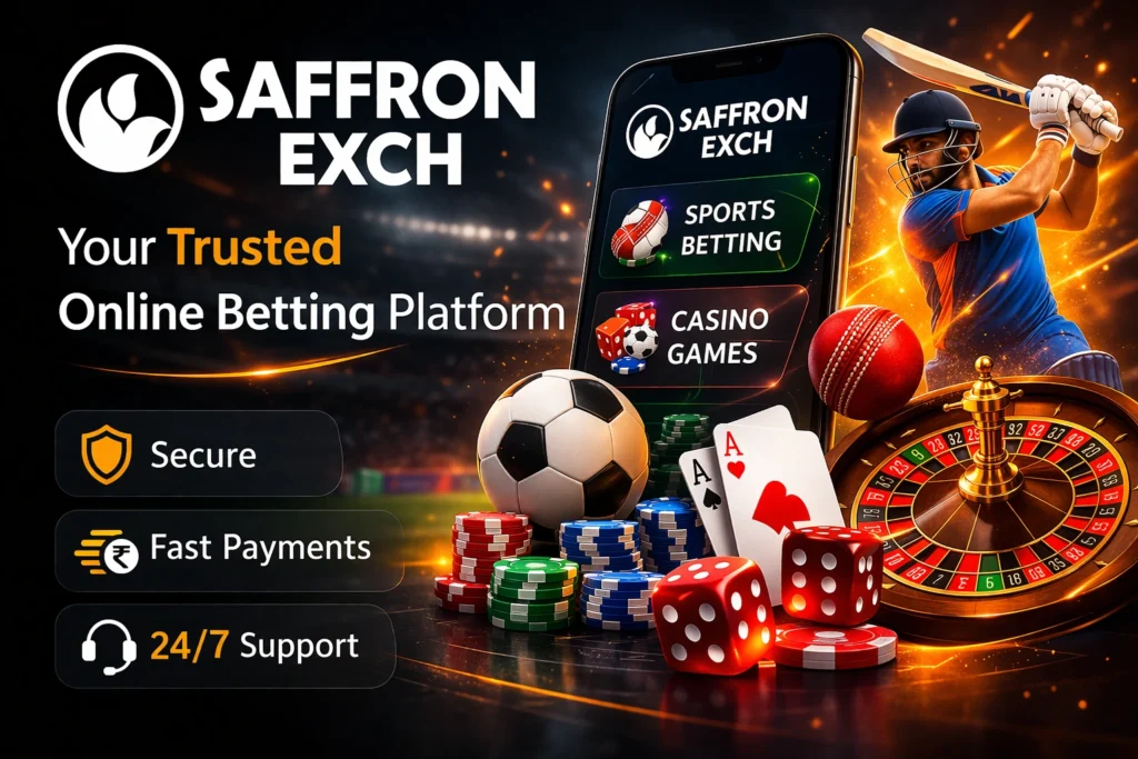 SaffronExch online betting platform showing sports betting and casino games with cricket and roulette