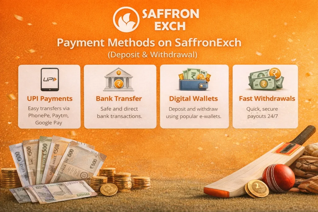 SaffronExch payment methods including UPI bank transfer digital wallets and fast withdrawals for cricket betting