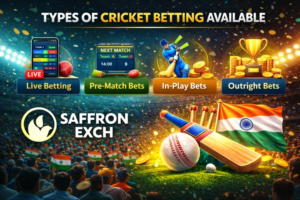 Types of cricket betting available on SaffronExch including live betting pre match bets in play bets and outright bets with SaffronExch logo
