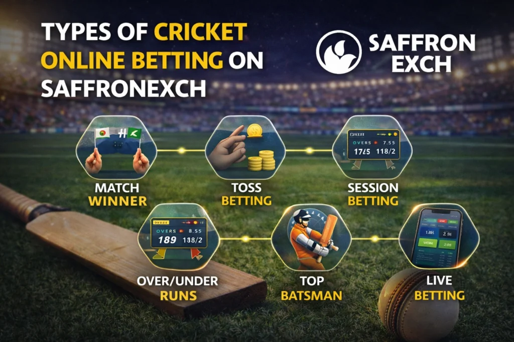 Types of cricket online betting on SaffronExch including match winner toss betting session betting over under runs top batsman and live betting