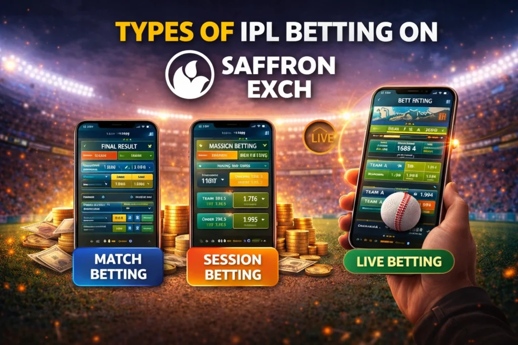 Types of IPL betting on SaffronExch including match betting, session betting and live betting on mobile app