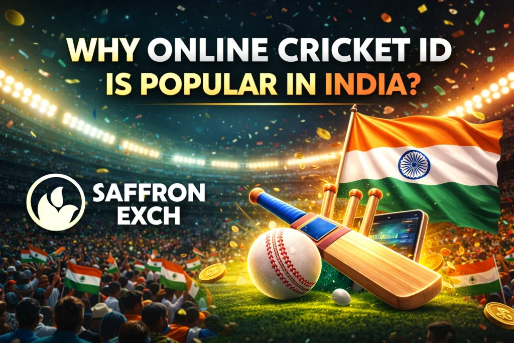 Why Online Cricket ID is popular in India with SaffronExch cricket betting platform logo and cricket stadium background