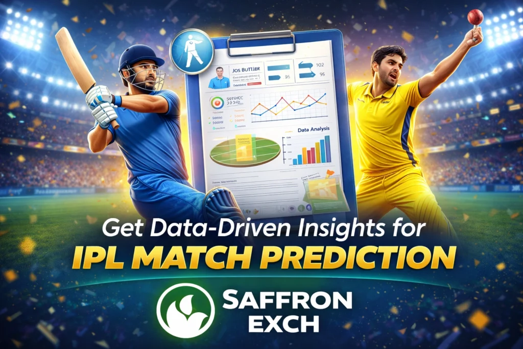 IPL Match Prediction analysis with SaffronExch logo, cricket players, and match statistics