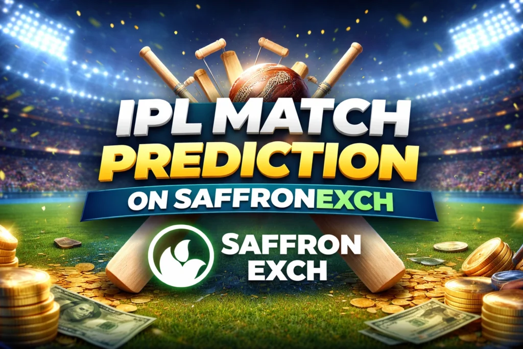 IPL Match Prediction on SaffronExch with cricket stadium background and betting elements