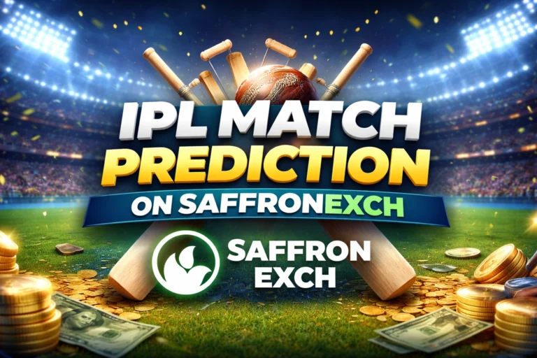 IPL Match Prediction on SaffronExch with cricket stadium background and betting elements