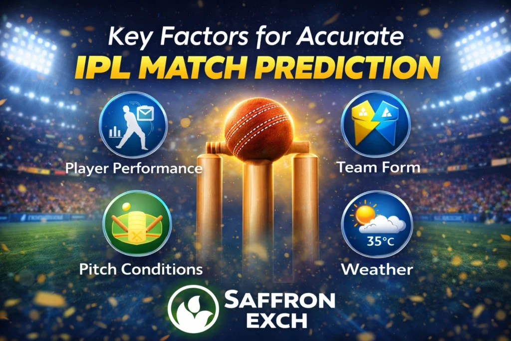 Key factors for accurate IPL Match Prediction with SaffronExch logo, player performance, team form, pitch and weather